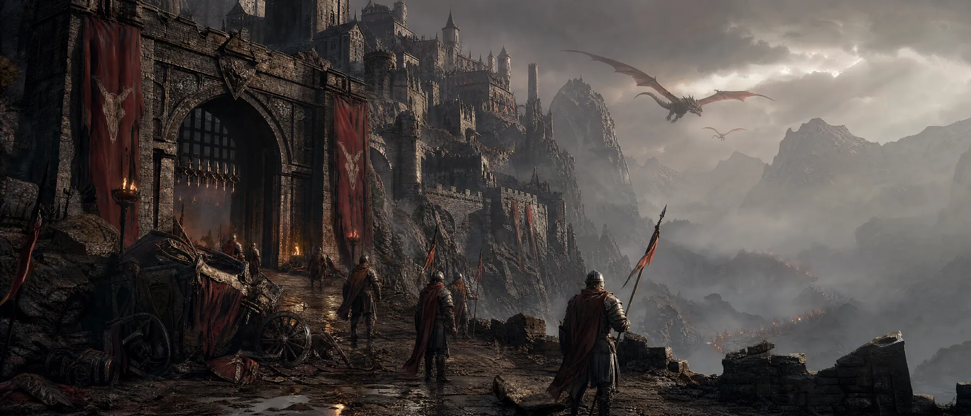 A painted mountain fortress with red banners at its gatehouse, armored soldiers marching in as three dragons wheel over a misty valley